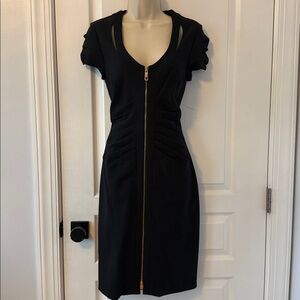 Cache Black Bodycon Dress Gold Zip Front V Neck Ruffle Sleeve LBD Size 8